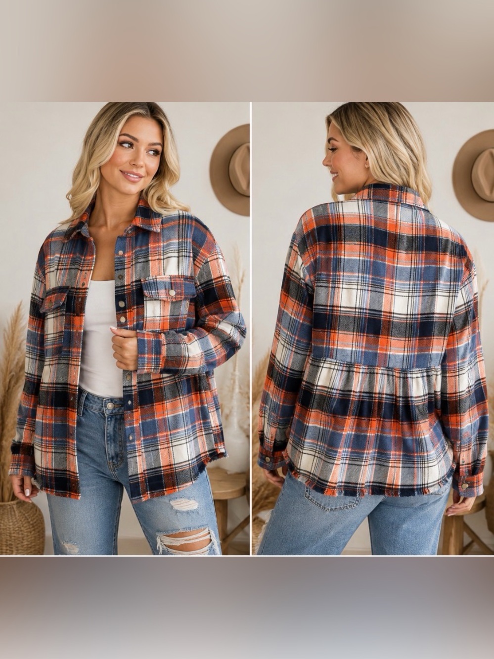 Plaid Button-Up Shacket in Orange and Blue
